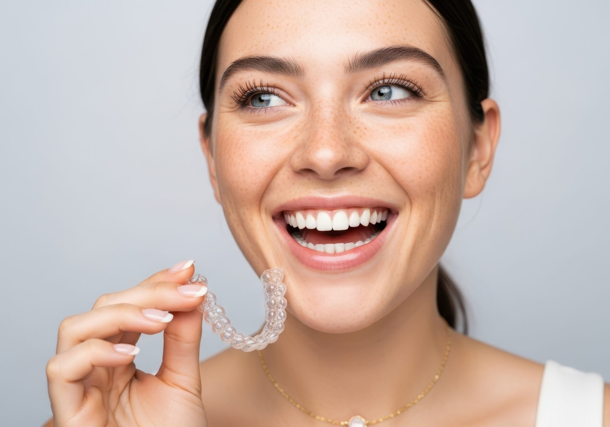 girl smiling with an invisalign tray